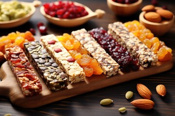 A wooden cutting board topped with a variety of fresh fruits and nuts. Perfect for food-related...