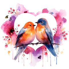 Watercolor couple of lovebirds sitting on the blooming branch with a heart, vibrant bird watercolor illustration isolated with a transparent background, Valentine’s Day card image 