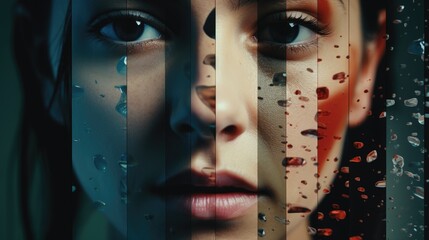 A woman with blood on her face stands near a window. Suitable for horror or thriller themes