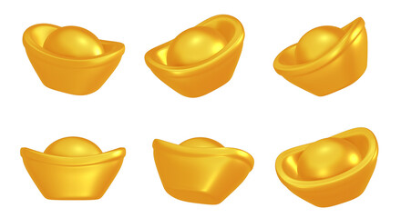 Set of Chinese gold ingots or Yuan Bao. 3d element icon illustration.