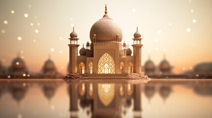 3d modern Islamic holiday background. Muslim Holy Month Ramadan Kareem - Ornamental Arabic Lantern metal moon, and mosque portal, luxury Ramadan background