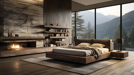 Minimalistic Bedroom Interior With A Fireplace And Breathtaking Mountains View 