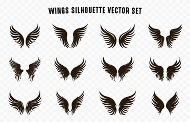 Set of different Wings Silhouettes Vector Collection, Angel Wings with Long Feather Vector, 
Bird wings black clipart Bundle