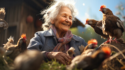 portrait of an elderly woman feeding chickens. household concept - obrazy, fototapety, plakaty