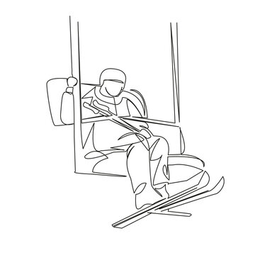 skier single line art on ski lift clip art preview