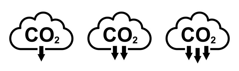 Trendy CO2 reduction cloud flat set icons, smoke pollutant damage, smog pollution concept, environmental pollution, emissions, carbon dioxide formula symbol sign - vector
