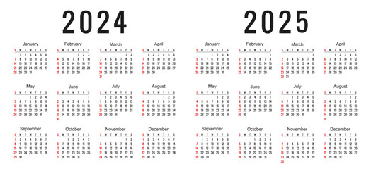 Calendar on 2024 and 2025 years, calendar week start on Sunday - stock vector