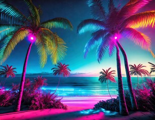 Fototapeta na wymiar Futuristic cyberpunk in neon colors, seashore and palm trees