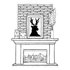 Vector illustration interior of living room with fireplace, painting with a deer, firewood, ceramic flashlight, candlestick house. A simple line hand drawing. Black contour linear silhouette