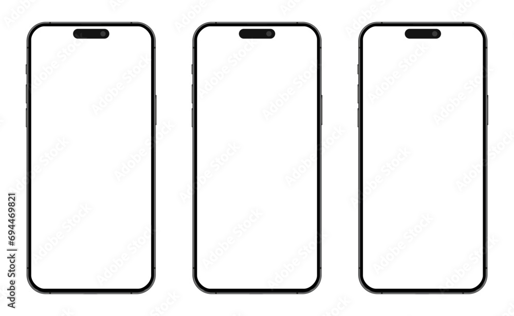 Poster smartphone phone set on white background isolated. 3 modern mobile phones. 3d mobile phone with empt
