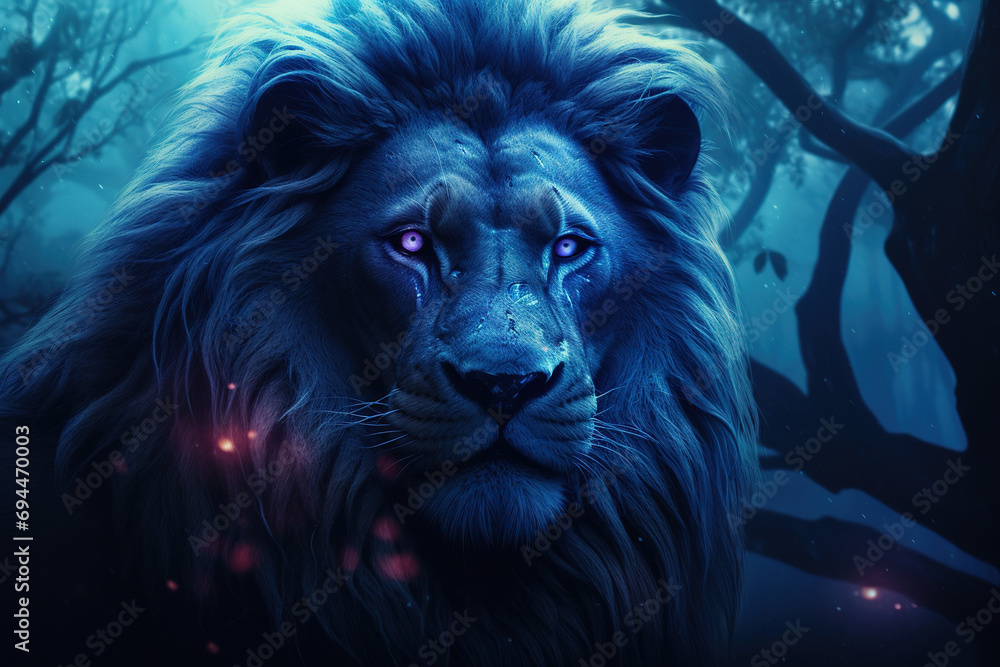 Wall mural Photography of a big lion in the dark jungle forest, lightened by blue light. High resolution wallpaper.