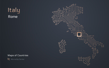 Naklejka premium Italy Map with a capital of Rome Shown in a Microchip Pattern with processor. E-government. World Countries vector maps. Microchip Series 