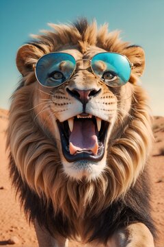 portrait of a funny lion with sunglasses