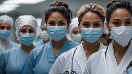 health, medicine and pandemic concept - close up of female doctor or scientist in protective mask over medical workers at hospital on background - obrazy, fototapety, plakaty