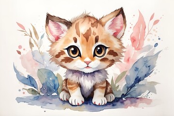Chibi kawaii wild kitten in watercolor with big eyes - obrazy, fototapety, plakaty
