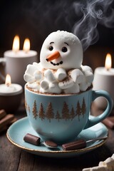 Obraz na płótnie Canvas A steaming cup of hot chocolate, topped with a cream marshmallow snowman