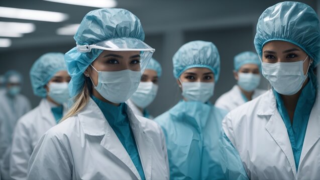 health, medicine and pandemic concept - close up of female doctor or scientist in protective mask over medical workers at hospital on background
