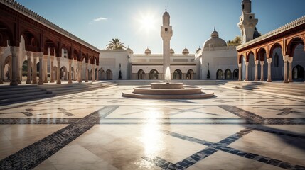 Expansive shot showcasing a mosque's courtyard with a mosaic-decorated podium for outdoor events.