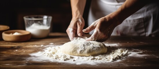 Obraz premium Close-up of bread dough being prepared by a woman at home on a wooden table.