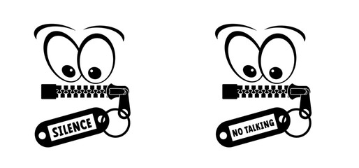 Cartoon mouth, zipper face. Zip fastener with zipper puller. Keeping quiet, silence concept. Keep a secret icon. zippered mouth. closed or open Zippers. Unzip, zipper locks. No speak or talking.