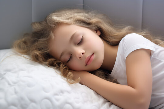 Tender Sleep: A Tranquil Shot of a Young Girl Sleeping Serenely on a White Pillow