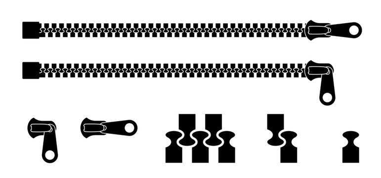 Cartoon zip fastener with zipper puller. Clasp for clothes. Clothing accessories and zip types. Zippers. Set of closed and open zip with fastener. Unzip, closed zipper locks. Sewing zip line icon.