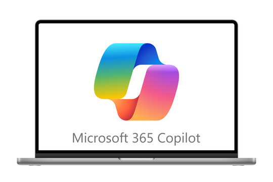 Laptop computer with logo of Microsoft 365 Copilot, laptop device mockup - vector