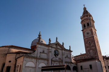 Obraz premium Scenic view of church tower Parrocchia di Santa Maria Formosa in city Venice, Veneto, Northern Italy, Europe. Venetian architectural landmarks and old houses facades along. Urban tourism in summer