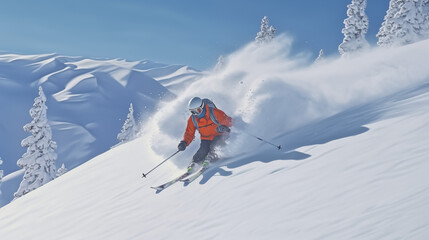 Naklejka na ściany i meble man skiing on winter day, mountain snow tree