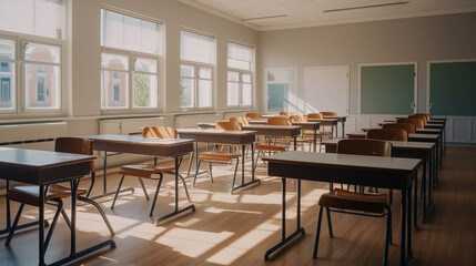 Empty classroom with chairs and desks at school