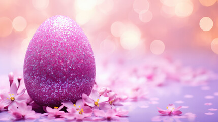 Obraz na płótnie Canvas Sparkling pink Easter egg among flowers. The concept is springtime festivity.