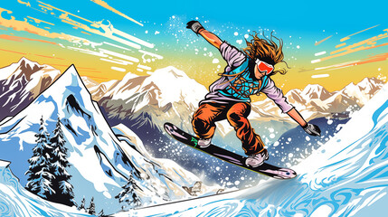 A female snowboarder in mid-air against a backdrop of an artistic, graffiti-styled mountain range.