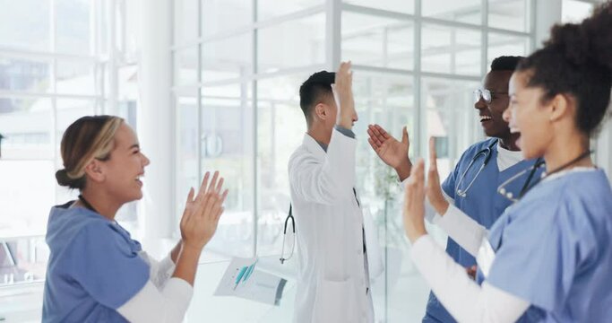 Doctors, success or celebration and throwing papers in life insurance diversity, medicine goals or healthcare target. Smile, happy or excited people or nurses in clapping, cheering or winner gesture