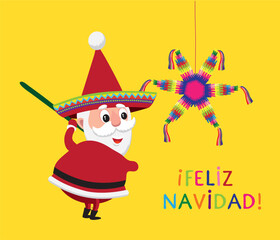 Cute cartoon style illustration of Mexican Santa Claus with a piñata