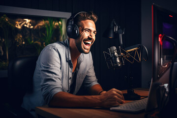 Young man recording a podcast in studio and having fun - obrazy, fototapety, plakaty
