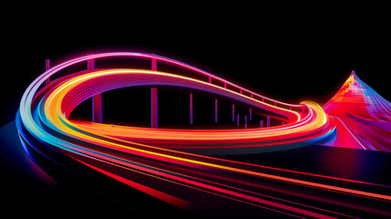 A sleek illustration of a neon-lit highway that turns into a roller coaster track, symbolizing a thrilling journey.