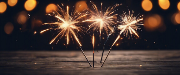 Festa di Capodanno- Fuochi d'Artificio e Luci Bokeh su Sfondo di Legno Nero Rustico