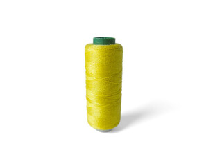 a roll of yellow sewing thread on a white background