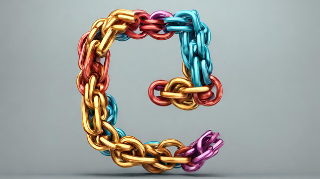3d render abstract background with simple alphabet ' 'G' made of tourus primitives, A chain of metal with different color write letter G with gray background