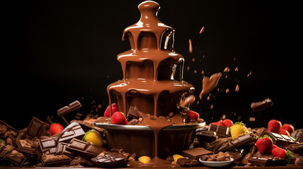 chocolate fountain with strawberries isolated on black - obrazy, fototapety, plakaty