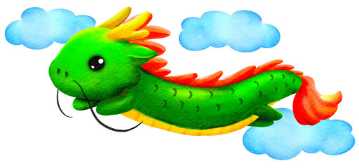 Cute Chinese Dragon Lunar New Year 2024, in the sky with clouds, watercolor, watercolour, kawaii, asian, asia, green, red, gold, blue, langit, naga, liong, imlek, cny, 