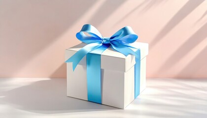 Pristine white gift box with a vibrant blue satin ribbon, elegantly tied, set against a soft pink and white background with a subtle shadow.