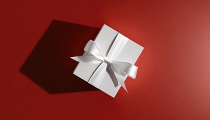 Elegant white gift box with satin ribbon on a deep red background, top view, minimalist festive concept.