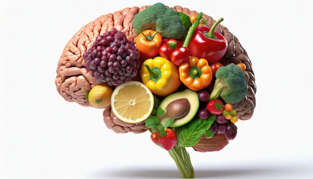 Conceptual image of a human brain composed of fresh, vibrant fruits and vegetables, symbolizing healthy eating and nutrition for cognitive function.