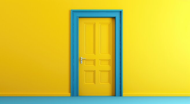 bright yellow door sits on a blue wall