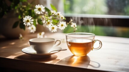a cup of tea with flowers on a wooden table