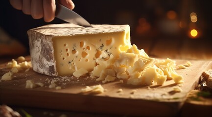 a dish of cheese is cut in a knife - obrazy, fototapety, plakaty
