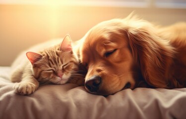 a golden retriever animal with a sleeping cat in bed
