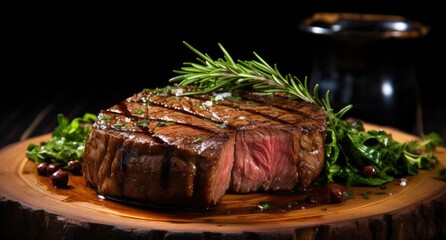 a grilled steak sitting on a wooden table,