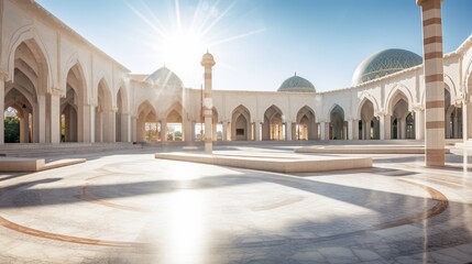 Expansive view of an Islamic educational institution with a central mosaic podium. - obrazy, fototapety, plakaty